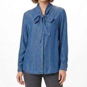 Cato 100% Tencel Blue Chambray Tie Neck Bow Blouse Shirt Small